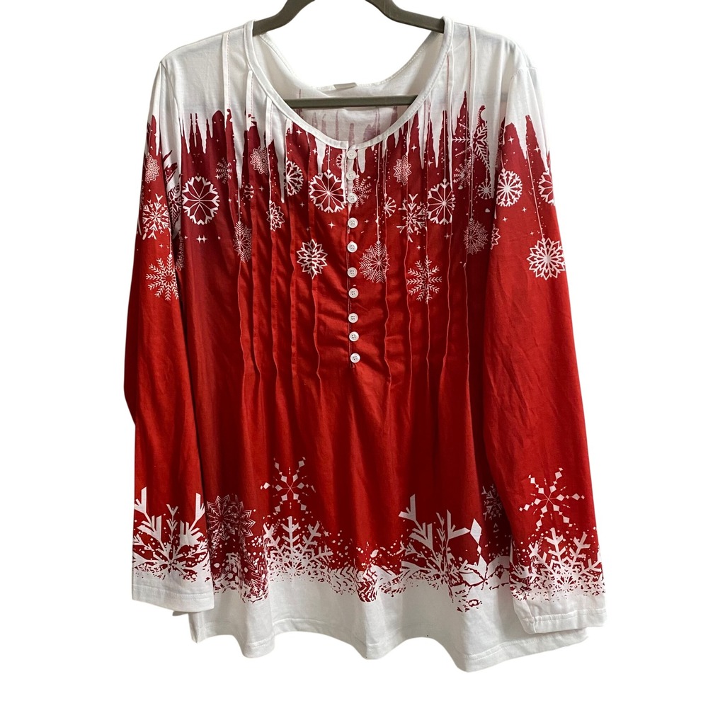 Red White Snowflake Icicle Christmas Henley Tunic Top Pintuck Pleated 3XL Womens